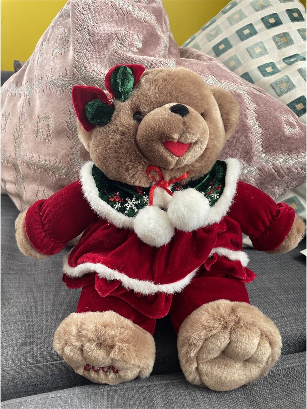 Dan Dee Snowflake Teddy Bear Christmas Plush Brown Girl Red Dress Bow 2006 S1